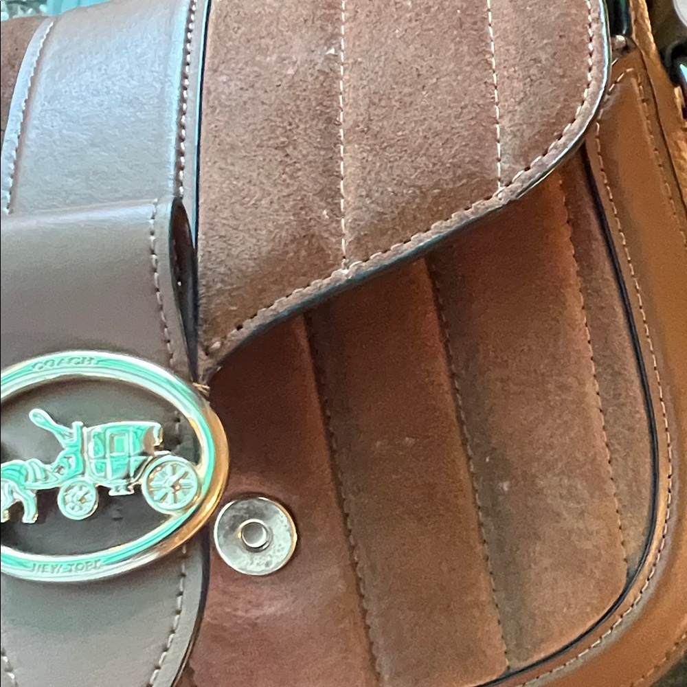 Coach Chestnut Brown Suede & Leather Crossbody with Gold Horse & Carriage Accent - Picture 4 of 12